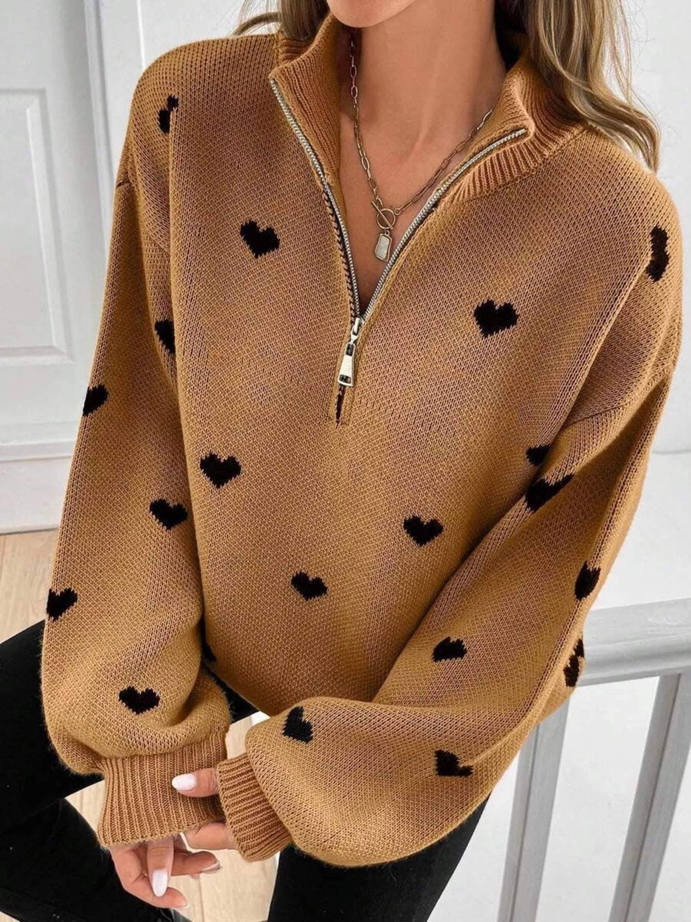 Full Size Heart Half-Zip Long Sleeve Sweater Plus Size - Trendsi - Flyclothing LLC