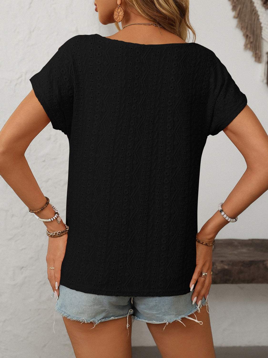 Mandy Eyelet Round Neck Short Sleeve Top - Trendsi - Flyclothing LLC