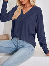 Plus Size V-Neck Textured Long Sleeve T-Shirt - Trendsi - Flyclothing LLC