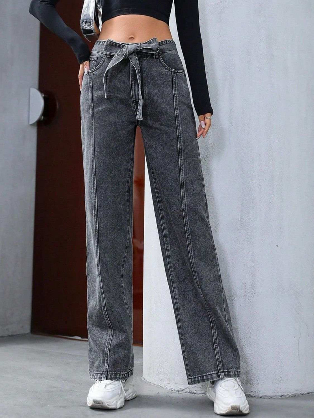Tied Straight Leg Jeans with Pockets - Trendsi - Flyclothing LLC
