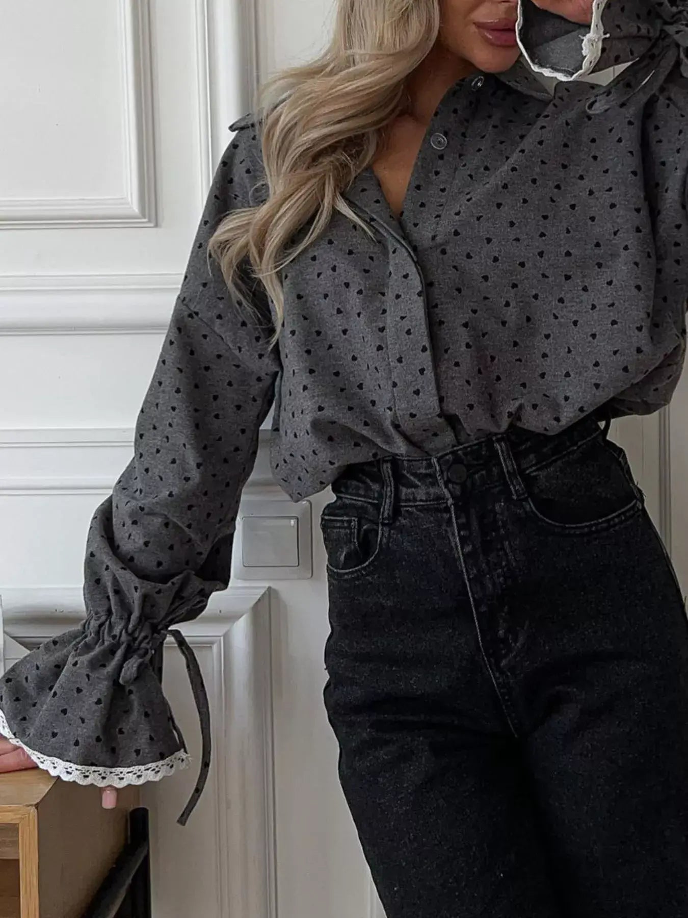 Heart Print Button Up Flounce Sleeve Shirt - Trendsi - Flyclothing LLC