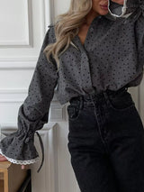 Heart Print Button Up Flounce Sleeve Shirt - Trendsi - Flyclothing LLC