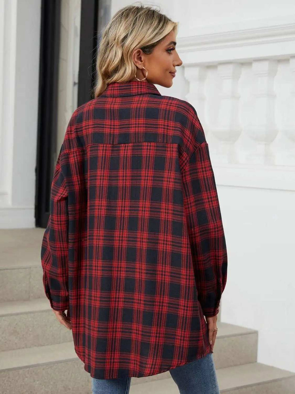 Plaid Collared Neck Long Sleeve Shirt - Trendsi - Flyclothing LLC