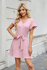 Tied Button Up Short Sleeve Mini Shirt Dress - Trendsi - Flyclothing LLC