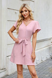 Tied Button Up Short Sleeve Mini Shirt Dress - Trendsi - Flyclothing LLC