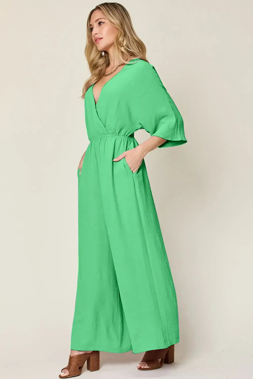 Double Take Full Size Surplice Wide Leg Jumpsuit with Pockets - Trendsi - Flyclothing LLC