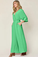 Double Take Full Size Surplice Wide Leg Jumpsuit with Pockets - Trendsi - Flyclothing LLC