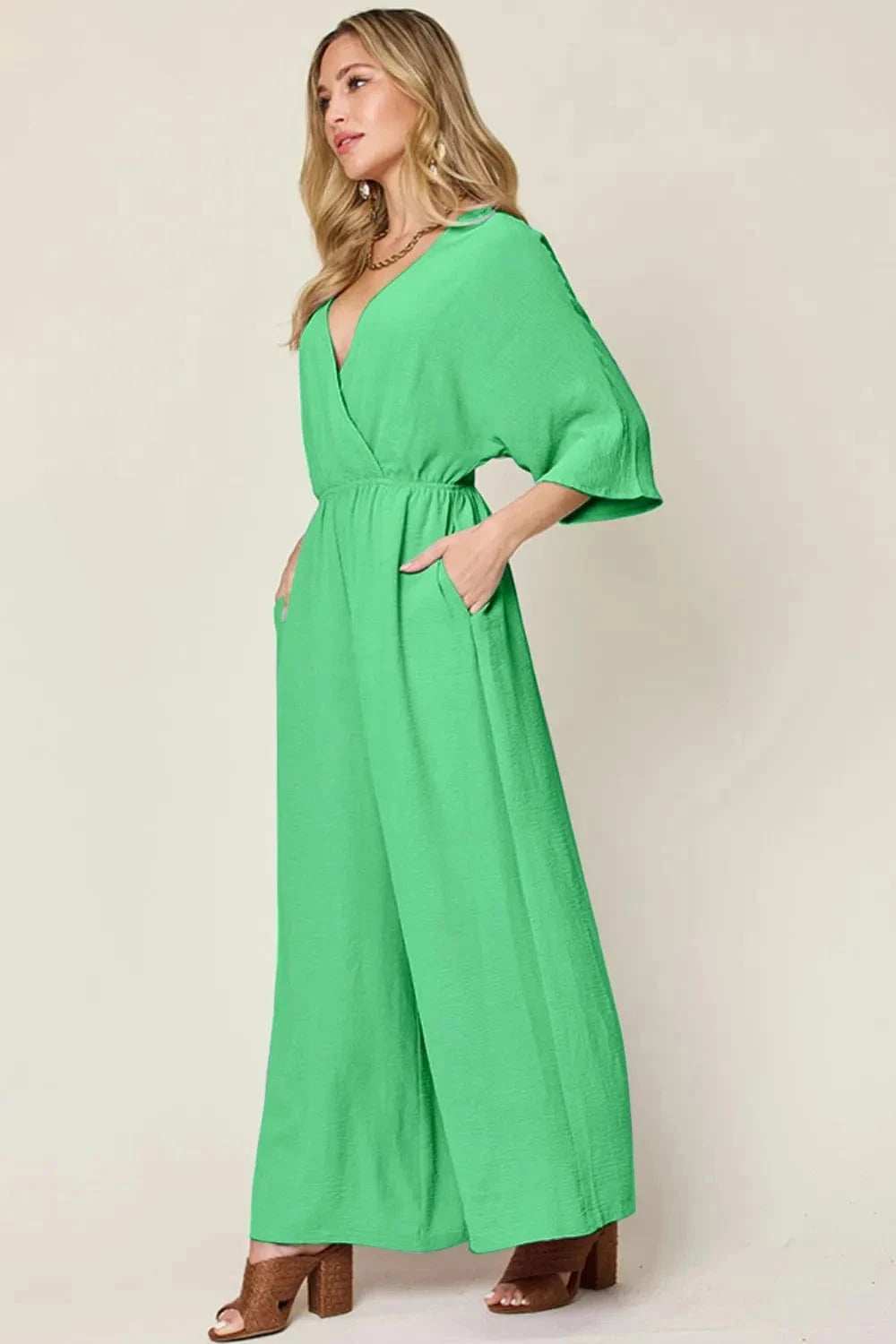 Double Take Full Size Surplice Wide Leg Jumpsuit with Pockets - Trendsi - Flyclothing LLC