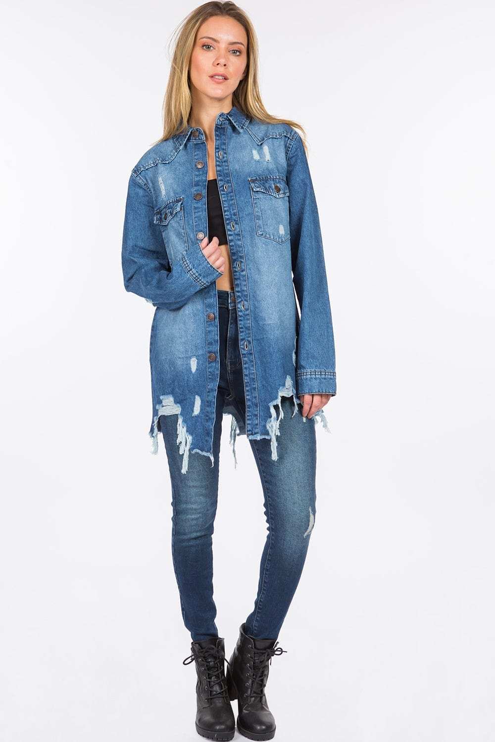 American Bazi Distressed Frayed Hem Denim Jacket - Trendsi - Flyclothing LLC