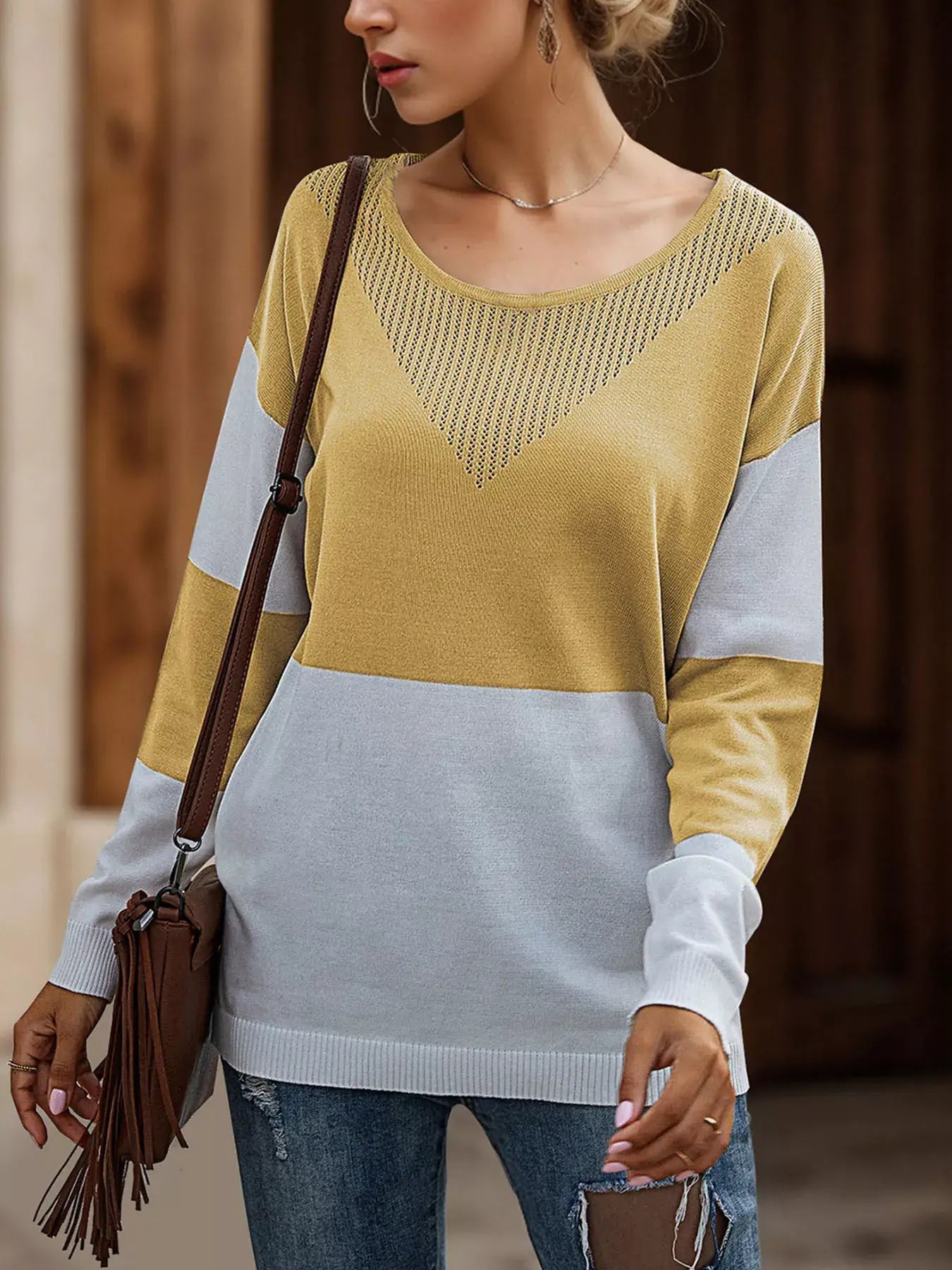 Color Block V-Neck Knit Top - Trendsi - Flyclothing LLC