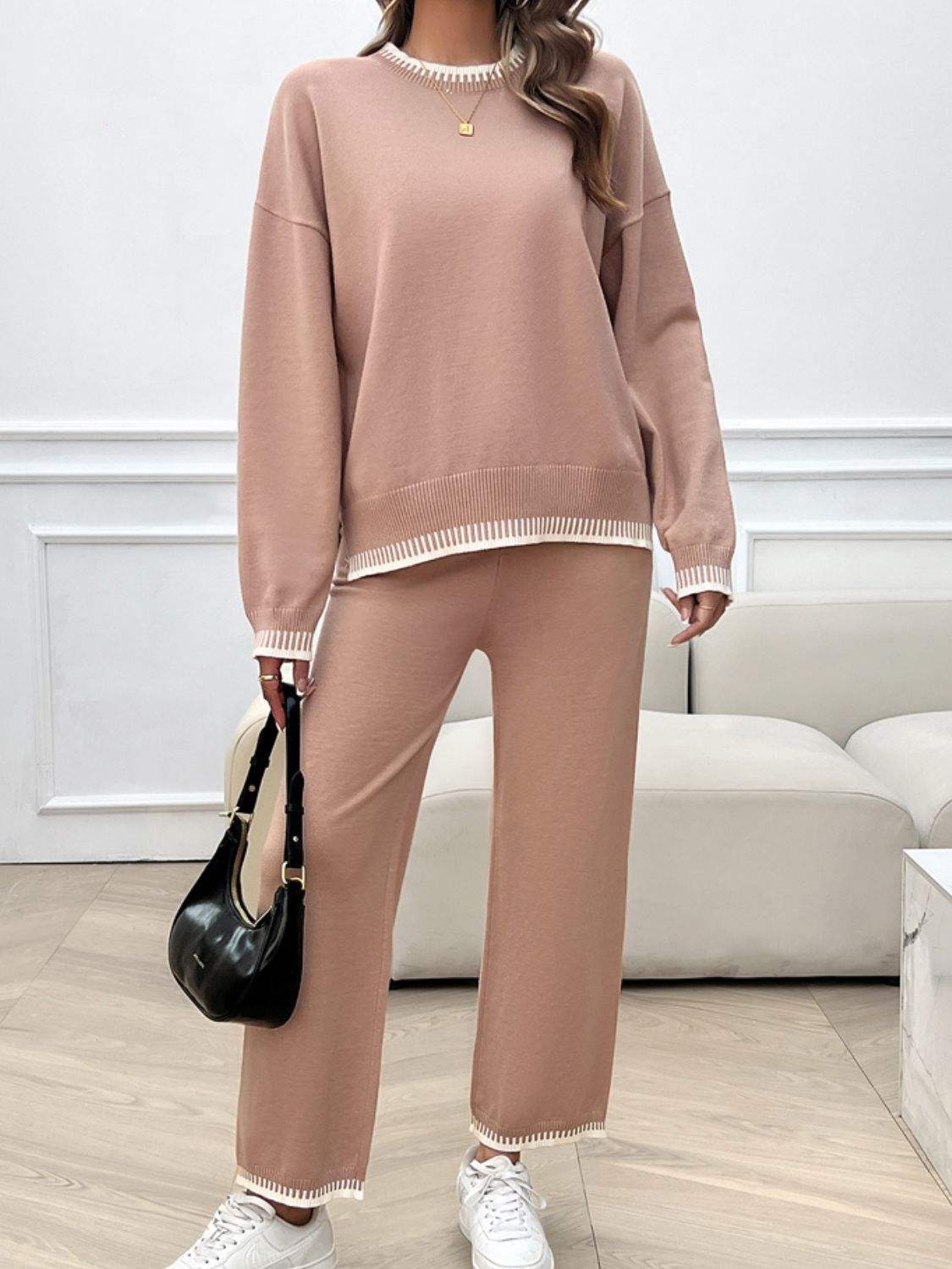 Round Neck Dropped Shoulder Top and Pants Sweater Set - Trendsi - Flyclothing LLC