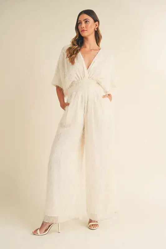 MABLE Fluffy Deep V Neck Wide Leg Jumpsuit - Trendsi - Flyclothing LLC