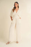 MABLE Fluffy Deep V Neck Wide Leg Jumpsuit - Trendsi