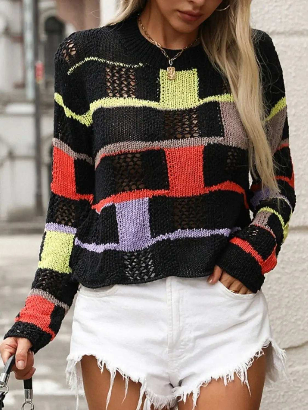 Openwork Color Block Round Neck Sweater - Trendsi - Flyclothing LLC