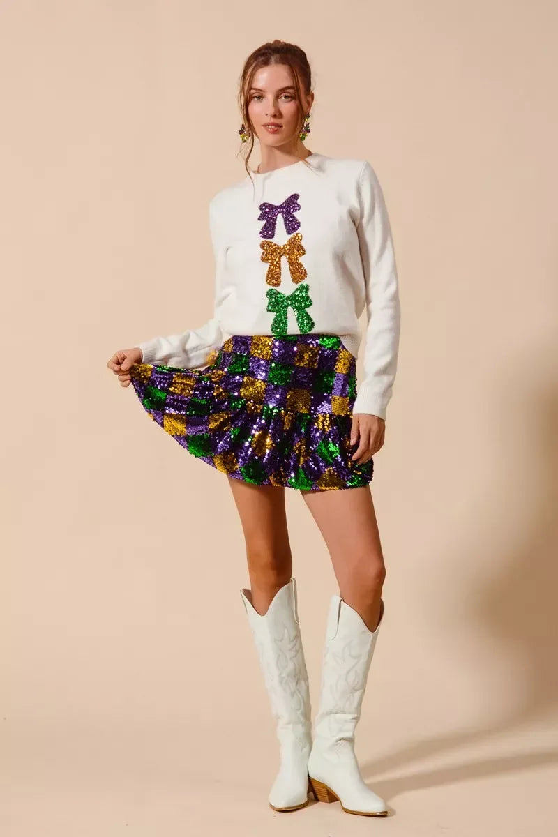 SO ME Mardi Gras Checker Sequins Mini Skirt - Trendsi - Flyclothing LLC