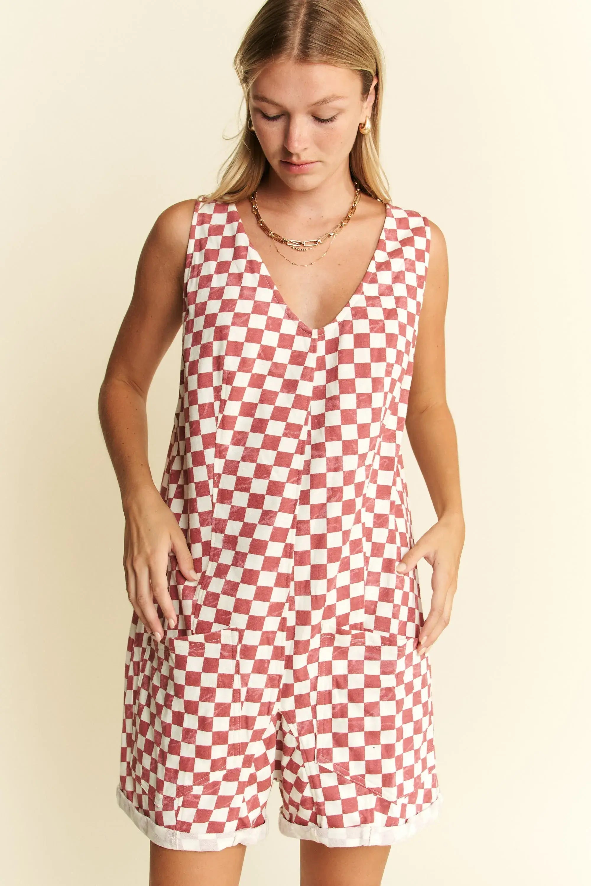 Jade By Jane Plus Size Back Tie Sleeveless Plaid Romper with Pockets - Trendsi - Flyclothing LLC