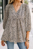 Animal Print V-Neck Three-Quarter Sleeve Blouse - Trendsi
