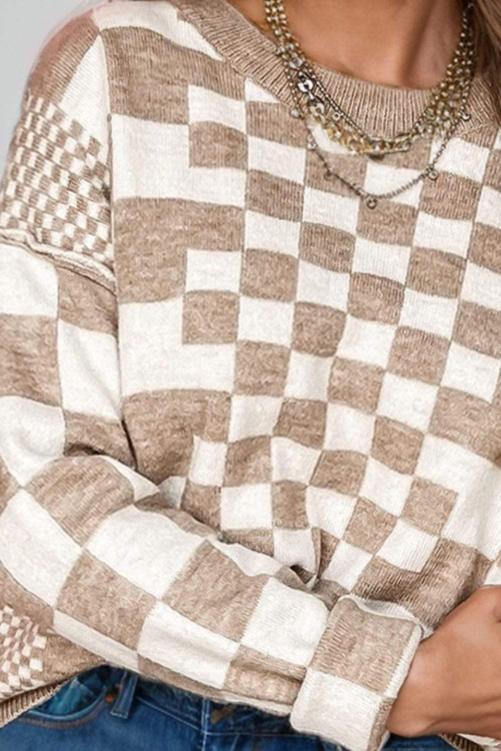 Checkered Round Neck Long Sleeve Sweater - Trendsi - Flyclothing LLC