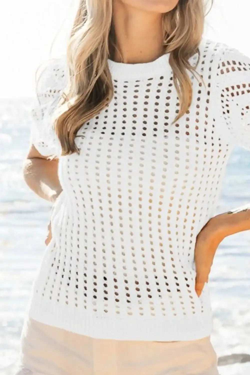 BiBi Crochet Knit Cover Up With Puff Sleeves - Trendsi - Flyclothing LLC