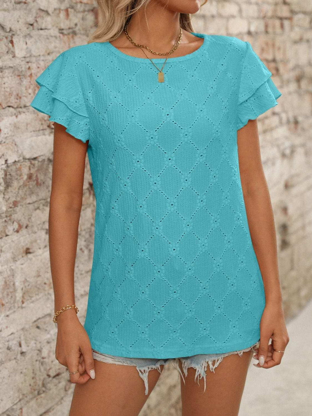 Eyelet Round Neck Double Layered Ruffled Short Sleeve Top - Trendsi - Flyclothing LLC