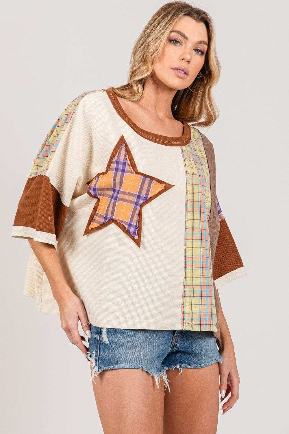 SAGE + FIG Round Neck Plaid Star Patch T-Shirt - Trendsi - Flyclothing LLC
