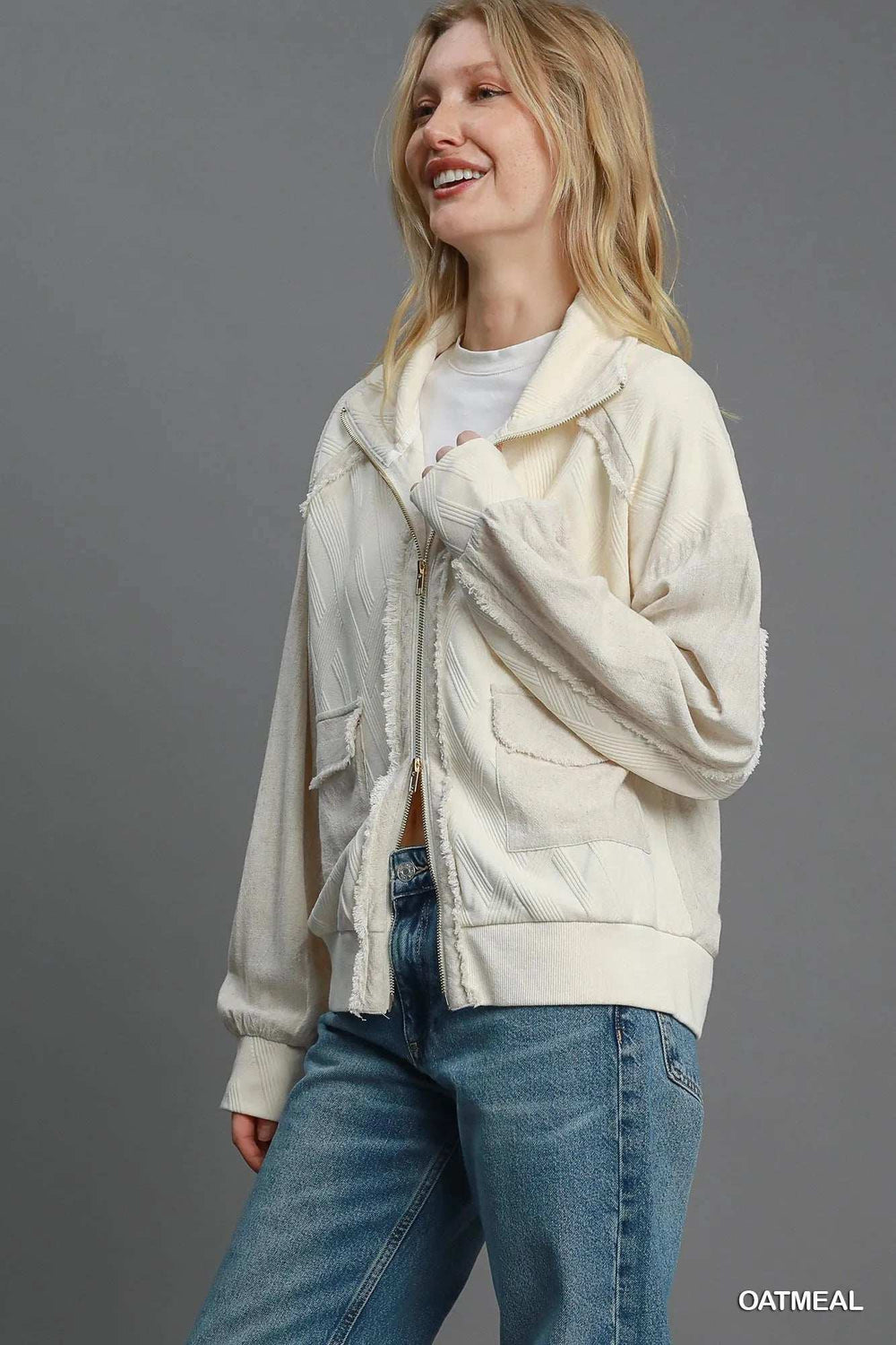 Umgee Two-Way Jacquard Zip-Up Jacket - Trendsi - Flyclothing LLC