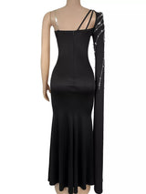 Rhinestone Pearl Detail One-Shoulder Mermaid Maxi Dress - Trendsi - Flyclothing LLC