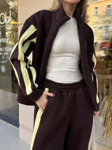 Contrast Striped Zip Up Top and Pants Set - Trendsi - Flyclothing LLC