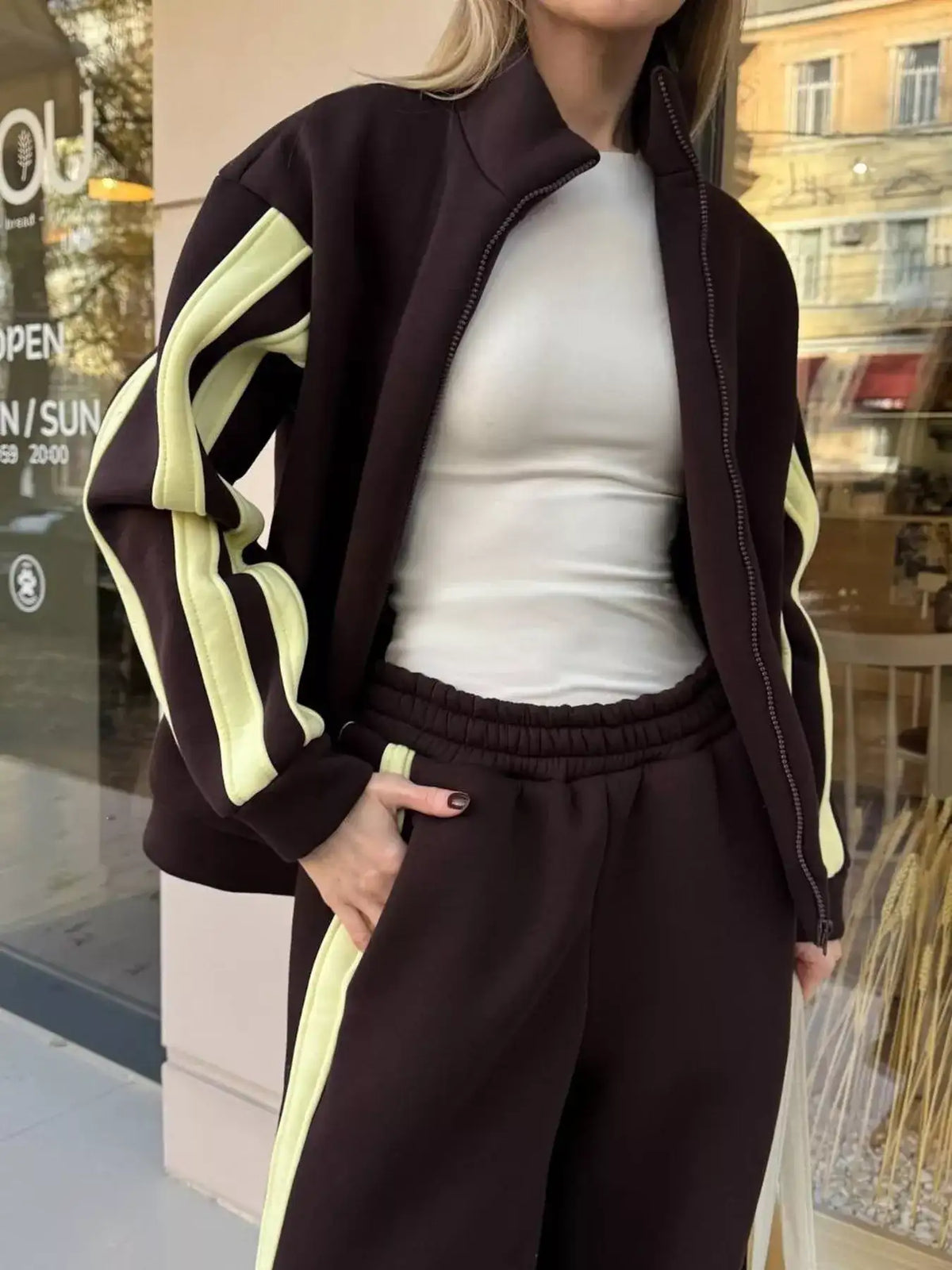 Contrast Striped Zip Up Top and Pants Set - Trendsi - Flyclothing LLC