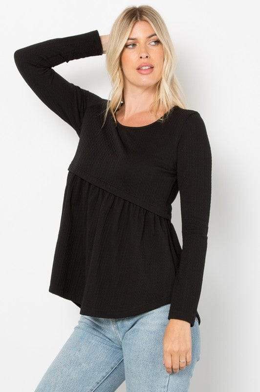 Be Stage Full Size Texture Babydoll Round Neck Long Sleeve Knit Top - Trendsi - Flyclothing LLC