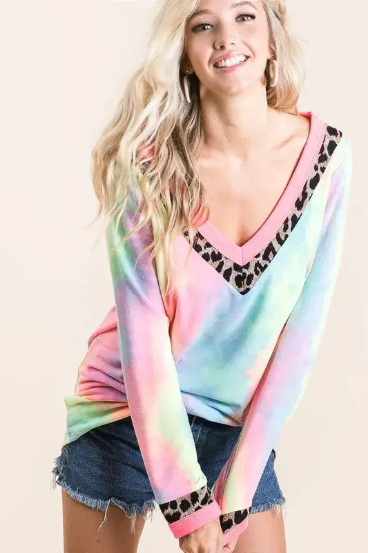 BiBi Tie Dye Terry V-Neck Top - Trendsi - Flyclothing LLC