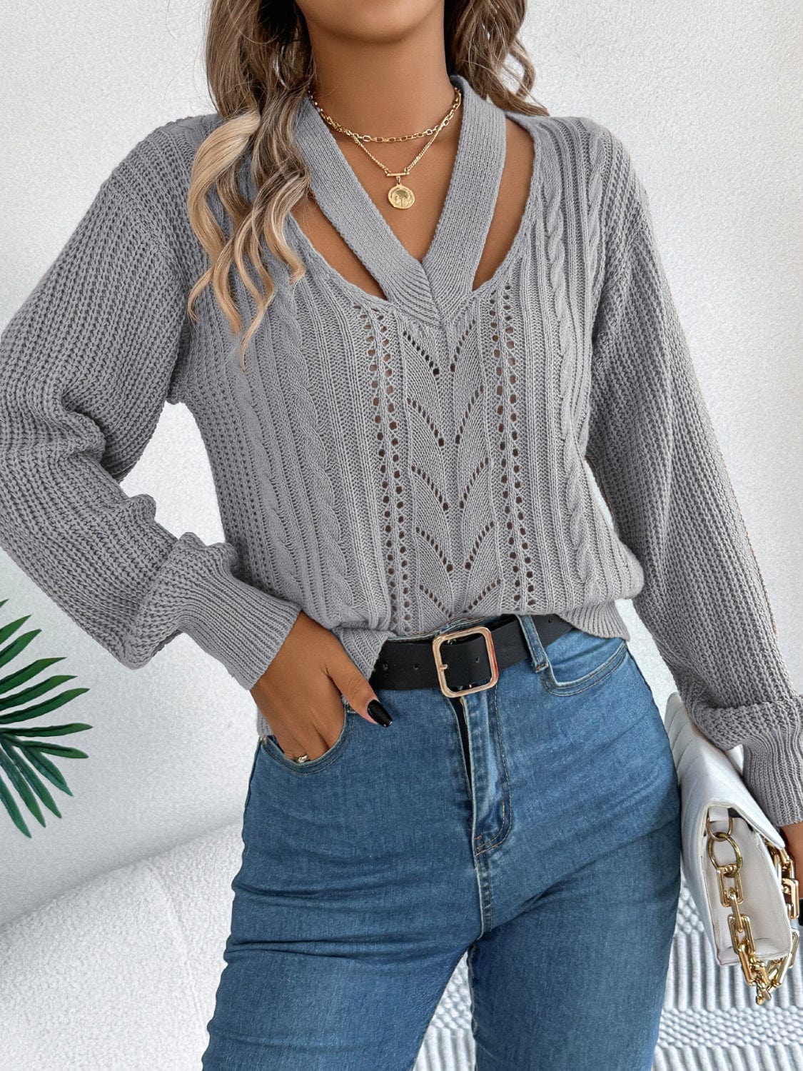 Cutout V-Neck Long Sleeve Sweater - Trendsi