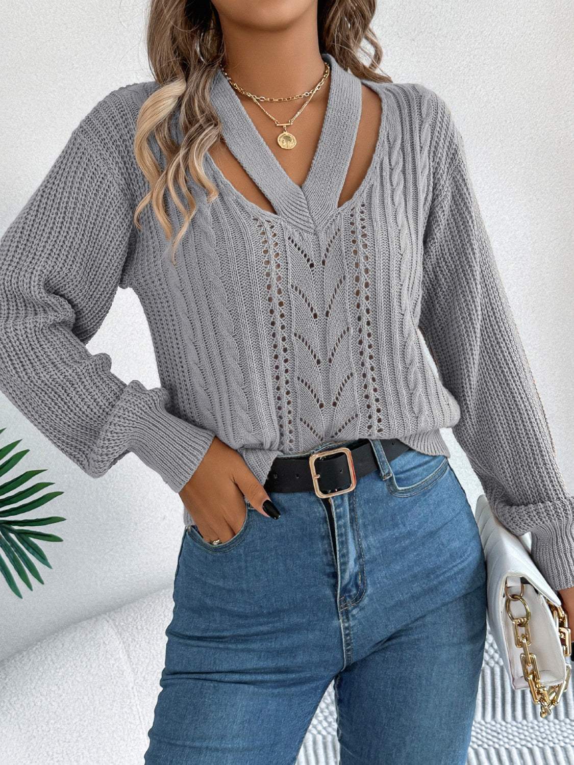 Cutout V-Neck Long Sleeve Sweater - Trendsi - Flyclothing LLC