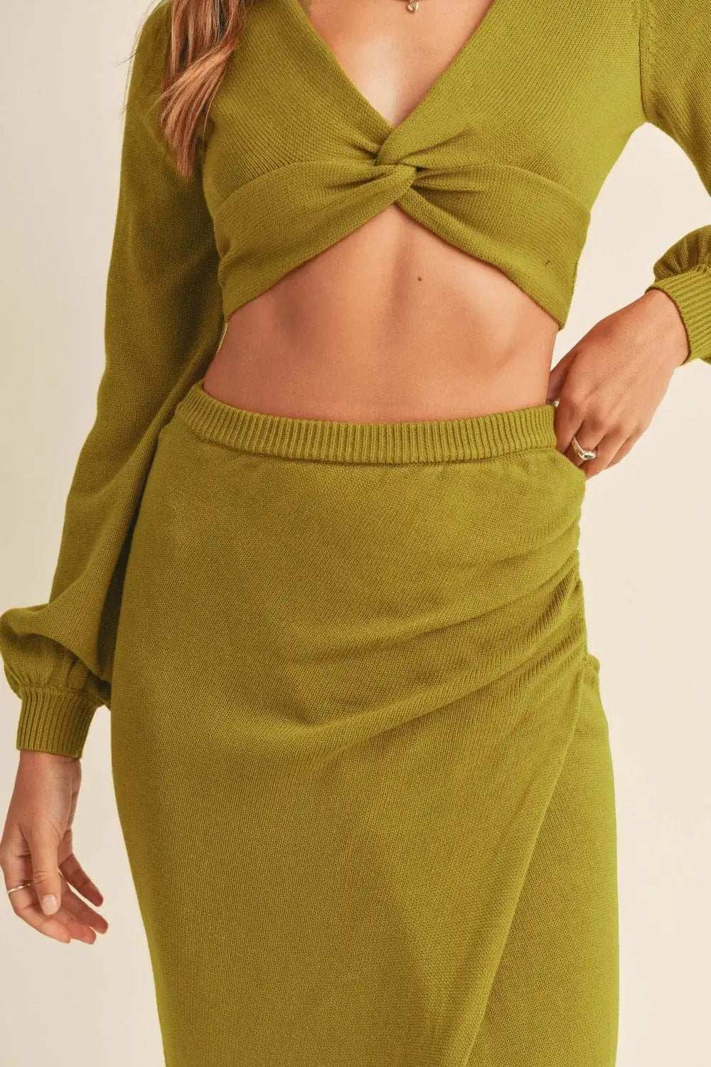 MABLE Front Twisted Knit Top and Midi Skirt Set - Trendsi - Flyclothing LLC