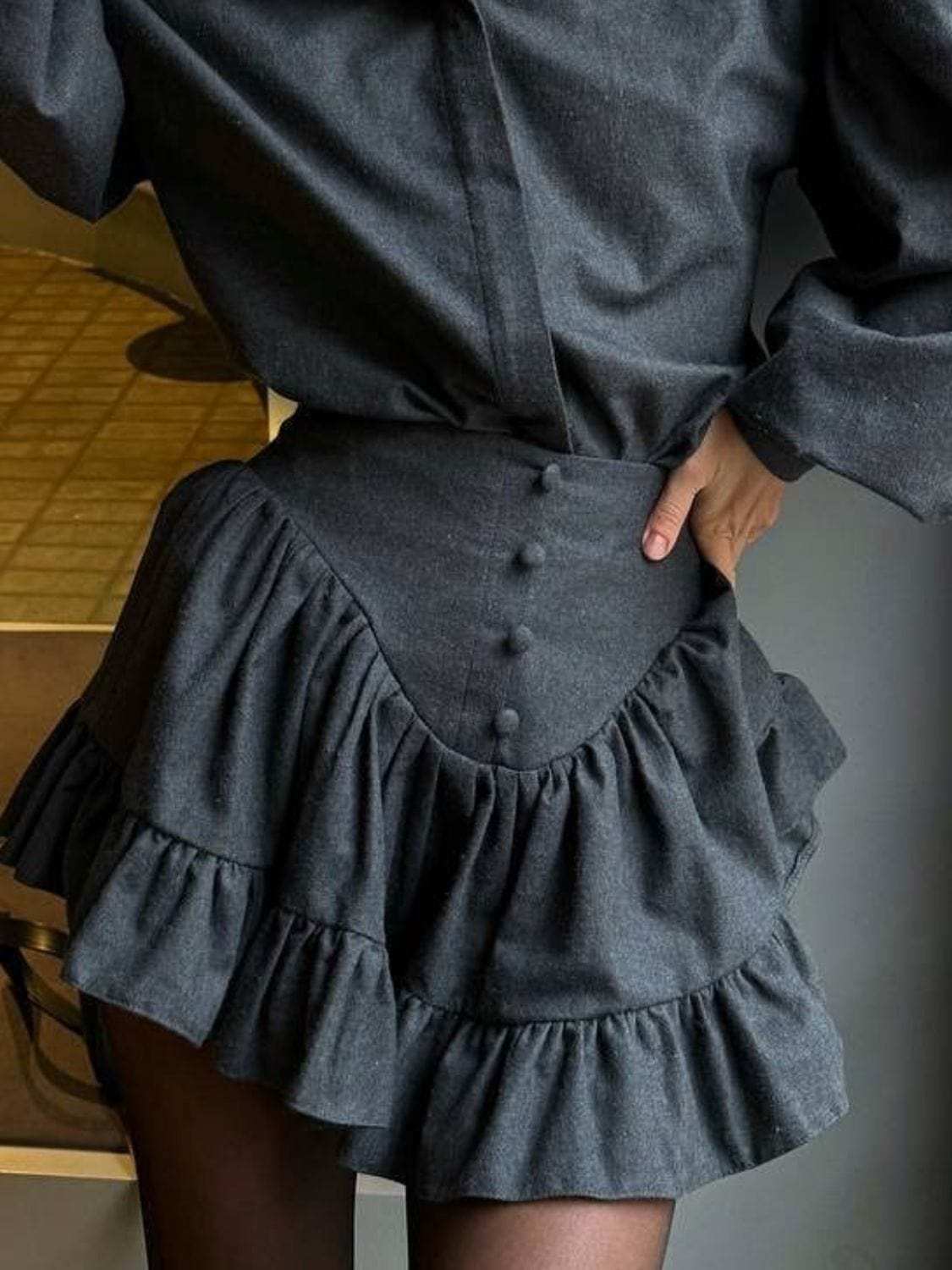 Lantern Sleeve Shirt and Ruffled Skirt Set - Trendsi - Flyclothing LLC