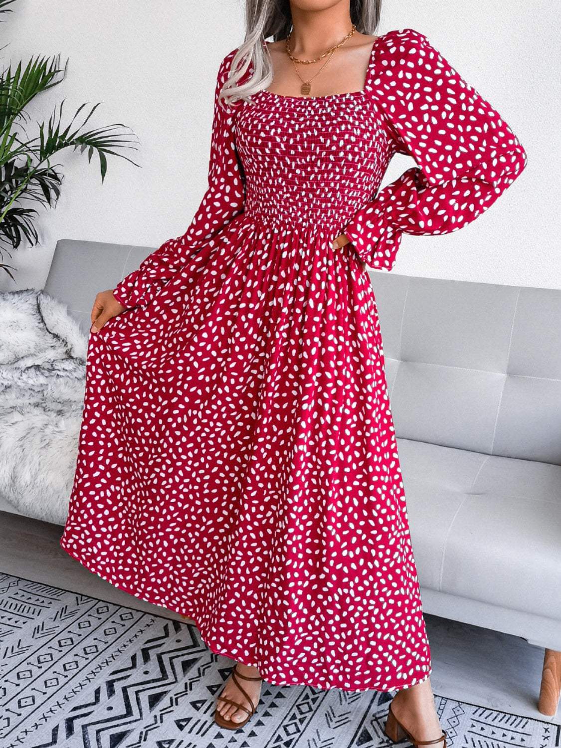Smocked Square Neck Flounce Sleeve Dress - Trendsi - Flyclothing LLC