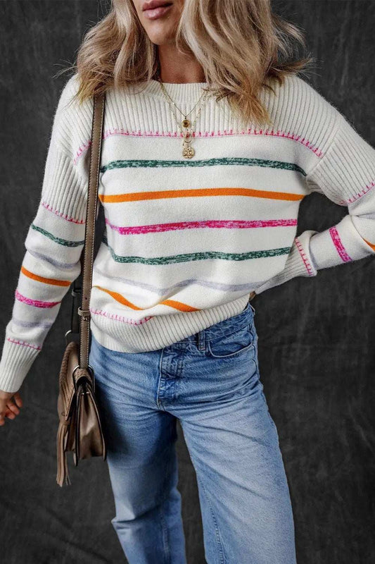 Striped Round Neck Dropped Shoulder Sweater - Trendsi - Flyclothing LLC