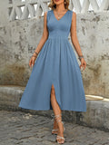 Perfee Ruched Decor Button Slit Sleeveless Midi Dress - Trendsi