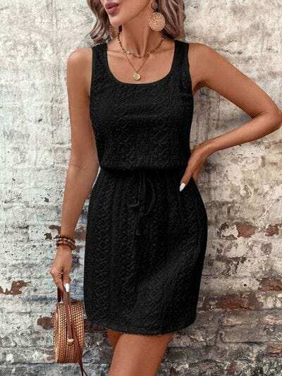 Eyelet Drawstring Round Neck Sleeveless Dress - Trendsi - Flyclothing LLC