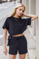 Basic Bae Drawstring Hem Air Scuba Round Neck Short Sleeve T-Shirt - Trendsi - Flyclothing LLC