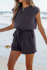 Knit Open Back Cap Sleeve Drawstring Romper - Trendsi - Flyclothing LLC
