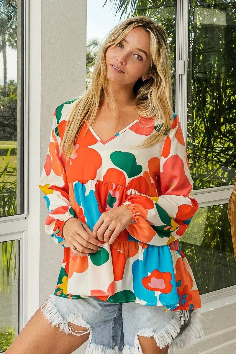 BiBi Floral Woven Tiered V Neck Top - Trendsi - Flyclothing LLC