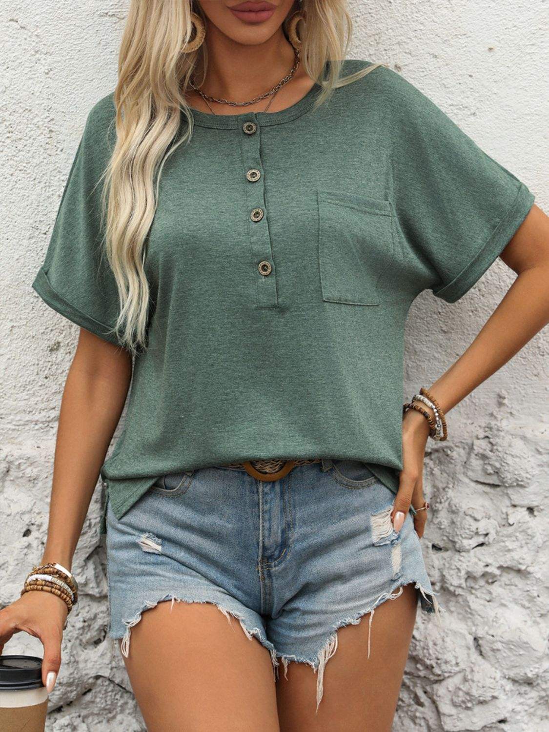 Half Button Short Sleeve T-Shirt - Trendsi - Flyclothing LLC