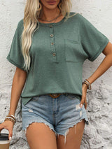 Half Button Short Sleeve T-Shirt - Trendsi - Flyclothing LLC