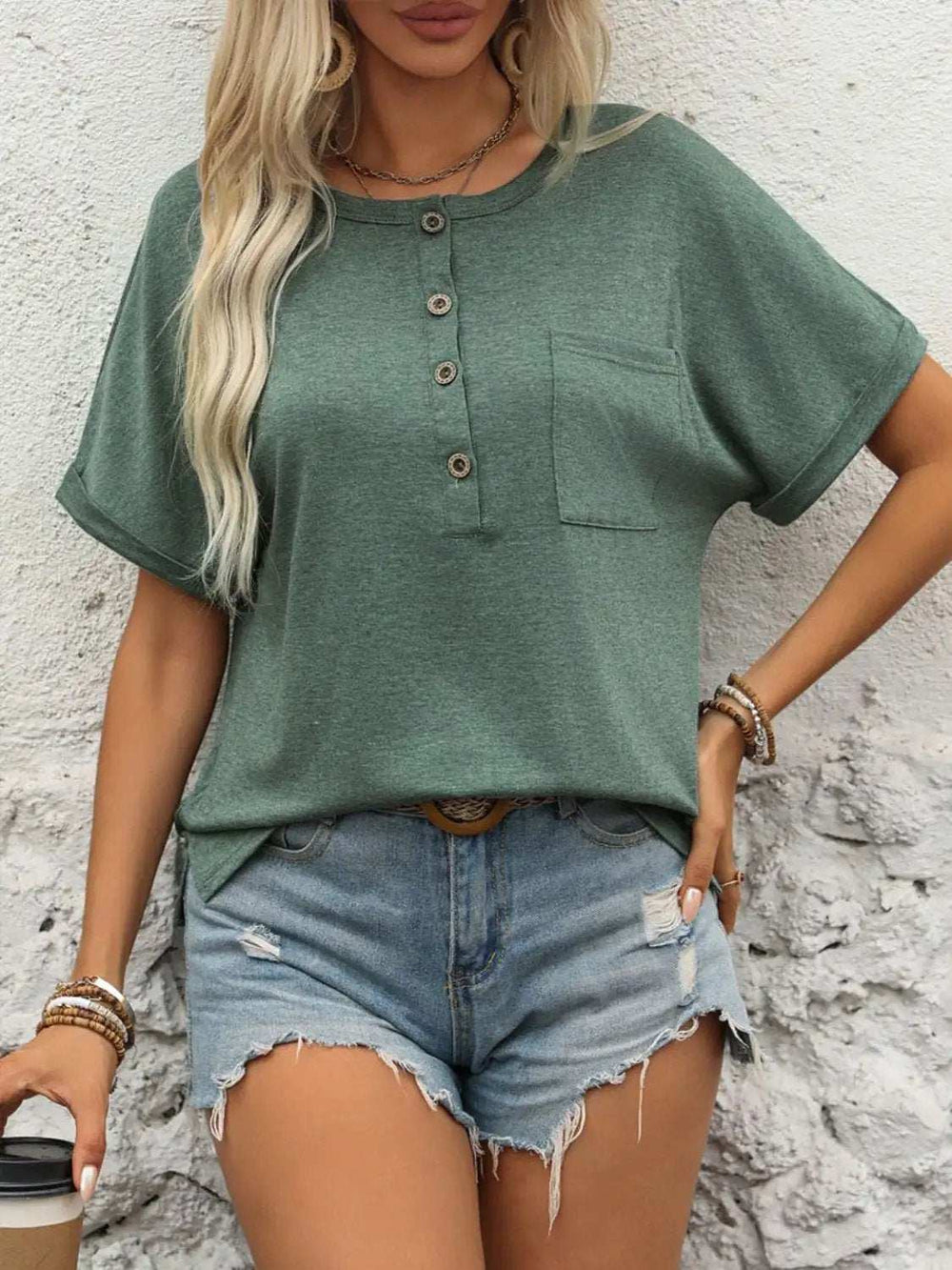 Half Button Short Sleeve T-Shirt - Trendsi - Flyclothing LLC