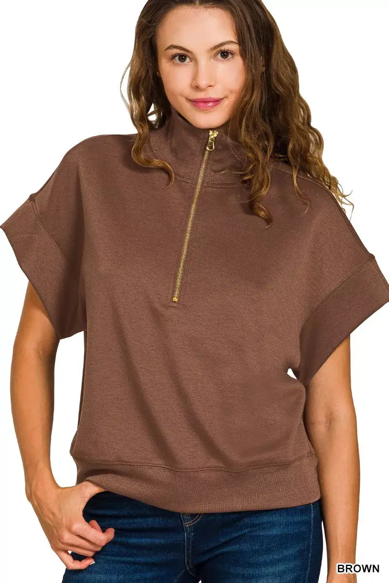 Zenana Full Size Scuba High Neck Half Zip Short Sleeve Top Plus Size - Trendsi - Flyclothing LLC