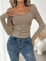 Striped Square Neck Long Sleeve T-Shirt - Trendsi - Flyclothing LLC