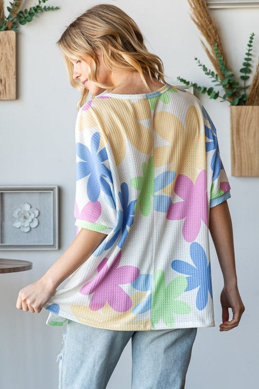 HOPELY Floral Round Neck Waffle T-Shirt - Trendsi