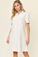 Double Take Full Size Texture Collared Neck Short Sleeve Dress - Trendsi - Flyclothing LLC