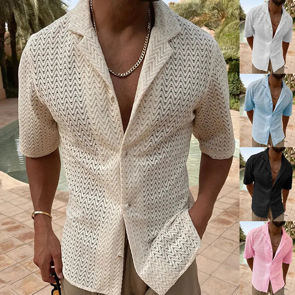 Men's Plus Size Herringbone Eyelet Button Down Knit Shirt - Trendsi - Flyclothing LLC